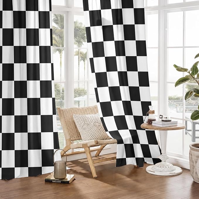 Black and White Curtains for Bedroom,Rod Pocket Checkered Semi Sheer Curtains Retro Plaid Light Filtering Curtains & Drapes for Living Room,Set of 2 Modern Window Curtain Panels,52 x 84 Inch
