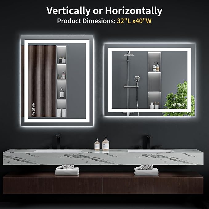 40"x32" LED Bathroom Mirror with Lights, Backlit + Front Lit with CRI>90, Lighted Mirror for Bathroom, Anti-Fog, Dimmable Brightness, 3 Colors, Memory Function, Shatterproof Tempered Glass