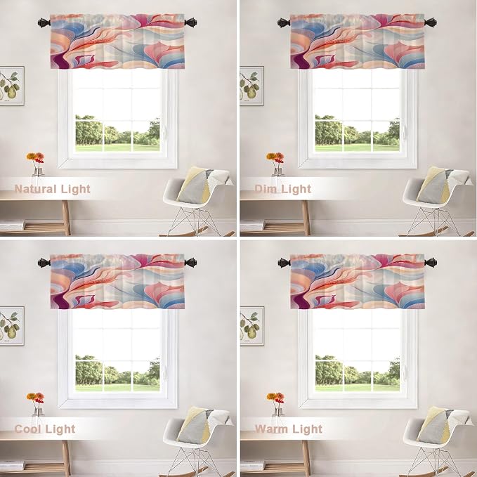 Shrahala Colorful Waves Blackout Short Curtains for Windows, Fluid Abstract Pattern Kitchen Valance Thermal Insulated Rod Pocket Window Treatment for Bathroom 2 Pack 52 X 16 in