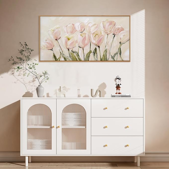 CHDITB Tulip Floral Framed Canvas Wall Art, 20"X40" Watercolor Flower Pink Tulip Textured Oil Painting, Modern Wildflower Wall Decor, Large Pink Floral Artwork for Living Room, Bedroom, Office