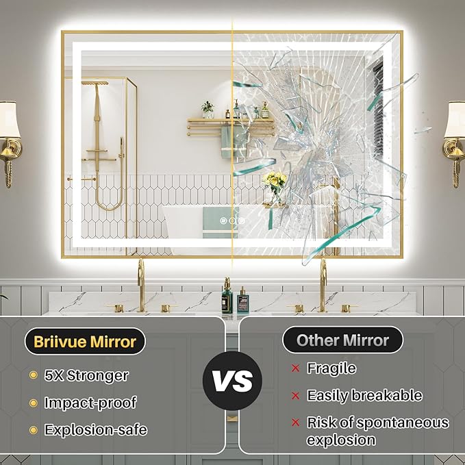 44x30 Inch LED Bathroom Mirror with Gold Frame, Backlit & Front Lit, Anti-Fog Lighted Bathroom Vanity Mirror for Wall, Memory Function, Dimmable, HD Tempered Glass, Shatter-Proof