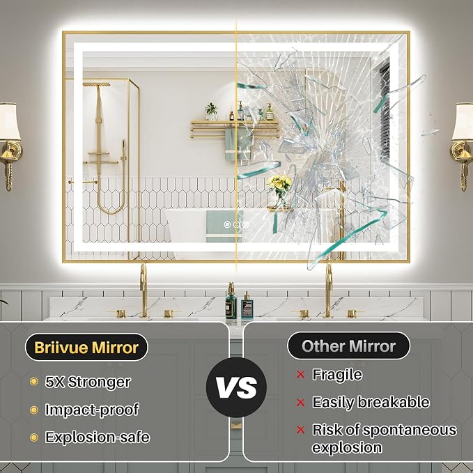 48x30 Inch LED Bathroom Mirror with Gold Frame, Backlit & Front Lit, Anti-Fog Lighted Bathroom Vanity Mirror for Wall, Memory Function, Dimmable, HD Tempered Glass, Shatter-Proof
