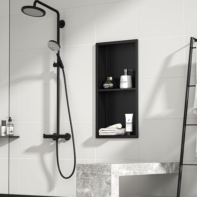 Stainless Steel Shower Niche Matte Black 24" X 12" No Tile Needed | Recessed shower niche with double shelves,space-saving,vertical niche, bathroom niche shower for shampoo & soap storage