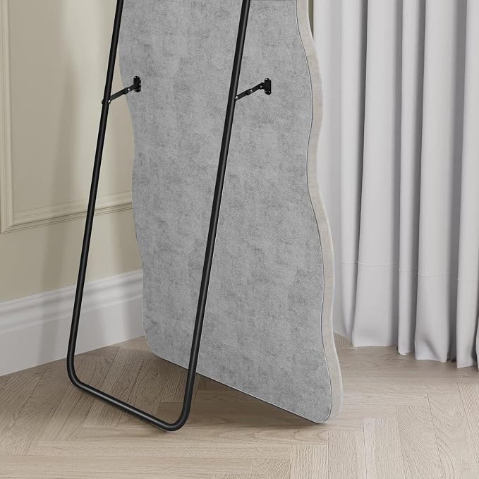 Dewfig Full Length Mirror, 63" x 24"Irregular Wavy Mirror, Large Floor Length Mirrors Wall Mounted, Standing Wavy Mirrors with Flannel Wrapped Wooden Frame for Bedroom/Living Room, White