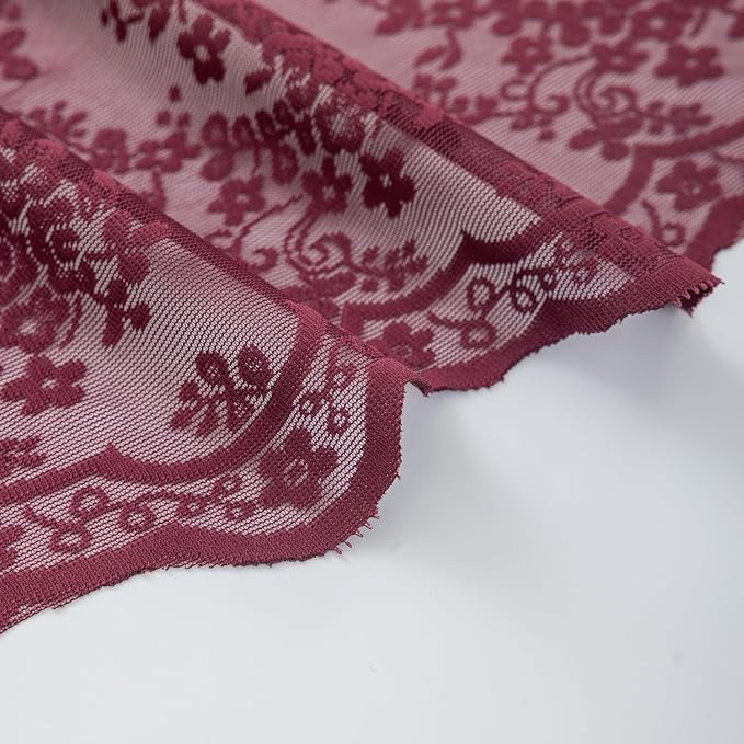 YJ YANJUN Vintage Lace Curtains 63 Inch Length 2 Panels- Burgundy Sheer Curtains for Dining Room Kitchen Bedroom Scalloped Edges Romantic Floral Window Treatment Light Filtering 52"W x 63"L Dark Wine