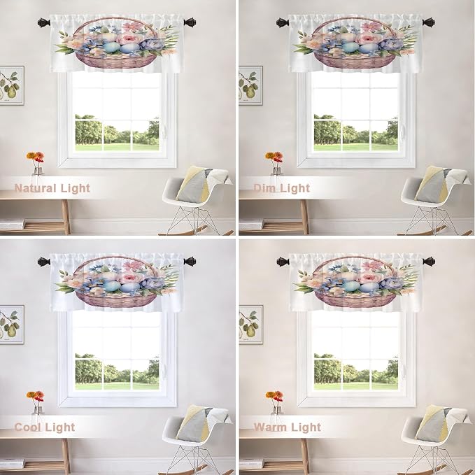 Shrahala Basket Flowers Eggs Blackout Short Curtains for Windows, A Basket with Floral and Eggs Kitchen Valance Thermal Insulated Rod Pocket Window Treatment for Bathroom 2 Pack 52 X 18 in