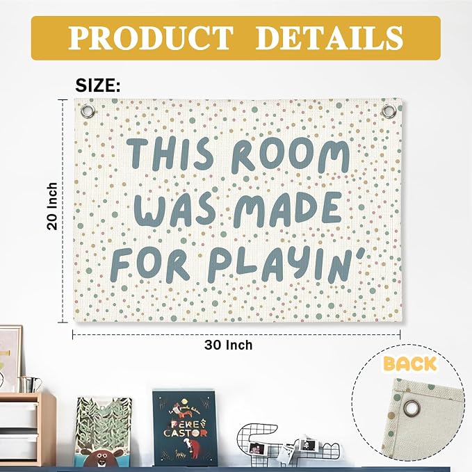 Playroom Wall Decor, Boho This Room Was Made For Playin Linen Canvas Banner, Toddler Playroom Decor Kids Toy Room Nursery Wall Decor for Toddler Boys Bedroom, 30x20 Inch