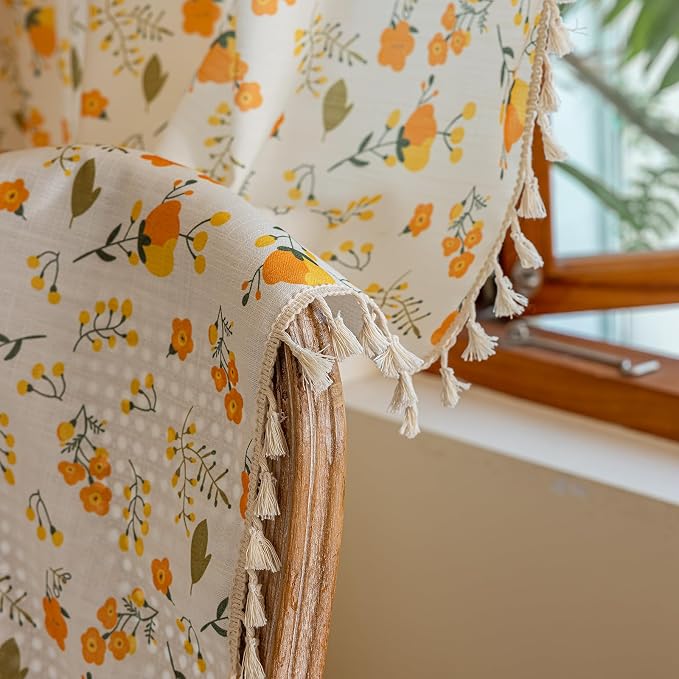 OYX Floral Boho Curtains 2 Panels Short 63 Inch Curtains Patterned Semi Sheer Living Room Drapes Farmhouse Boho Window Curtain Panels with Tassel Beige Rod Pocket Bedroom Drapes