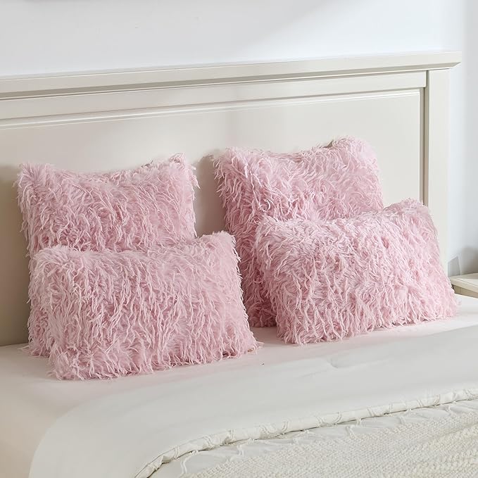 FUTEI Pack of 2 Faux Feather Plush Throw Pillow Covers 12x20 Inch Soft Fluffy Solid Farmhouse Decorative Lumbar Pillowcases Modern Luxury Accent for Couch Bed Living Room, Pink
