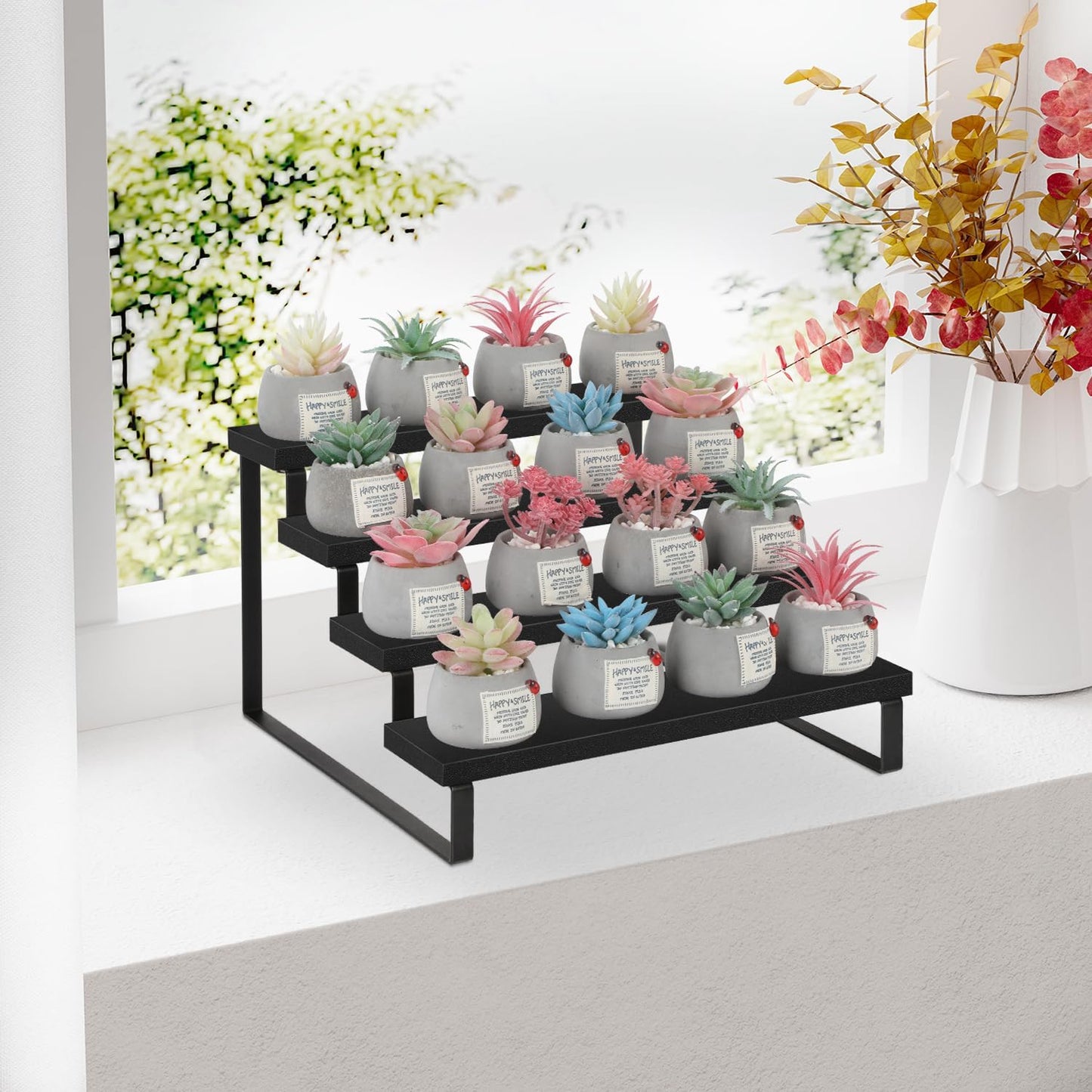 YINMIT Wooden Display Riser Stand, Tiered Perfume and Cologne Organizer Stand, 4 Tier Spice Rack Organizer, Rustic Display Shelf for Candles (4 Tier,Black)