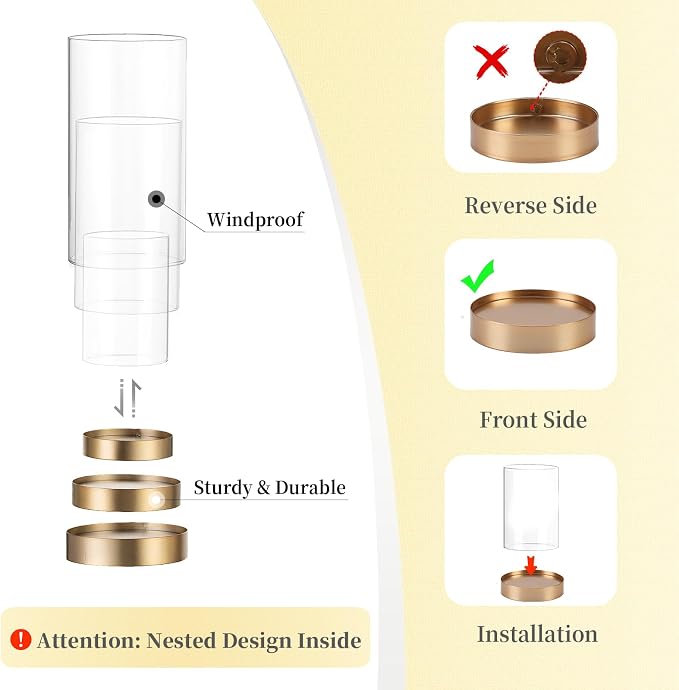 Hewory Hurricane Candle Holder for Pillar Candles: Gold Votive Candle Holders Set of 6, Glass Hurricane with Metal Candle Plate, Pillar Candle Holder for Table Centerpiece Wedding Holiday Home Decor