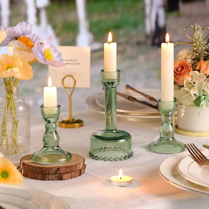Lanttu 6 Pcs Green Glass Candlestick Holders Taper Candle Holder Bulk | Crystal Candle Holders for Wedding, Table Centerpiece, Home Decoration