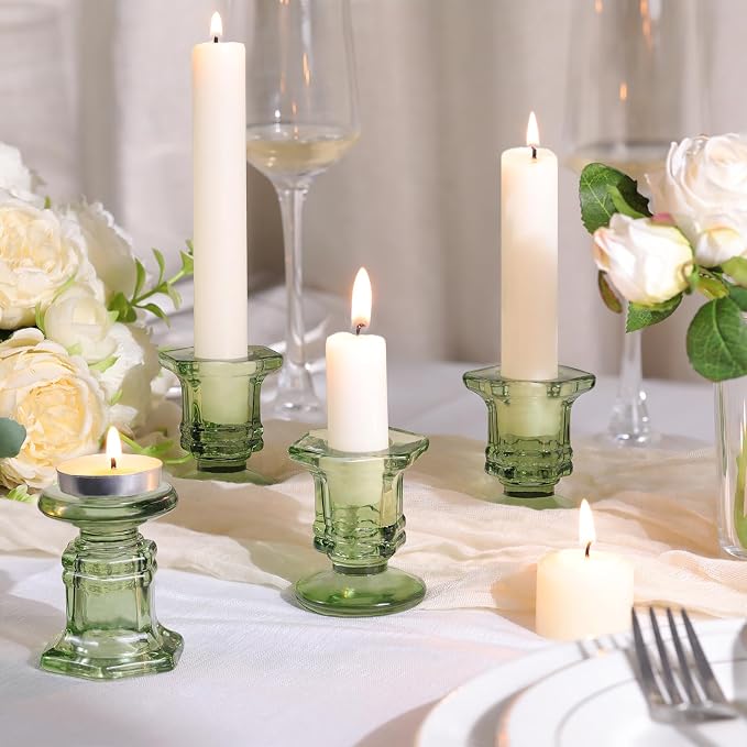 Lanttu 12 Pcs Green Candlestick Holders Bulk Glass Candle Holders Set | Crystal Taper Candle Holder for Wedding, Table Centerpiece, Home Decoration