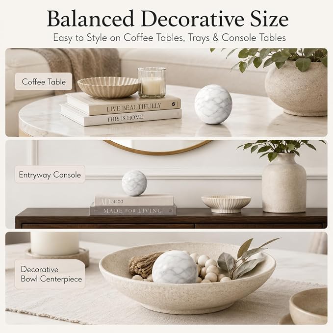 White Marble Decorative Sphere, 8cm Natural Stone Orb | 3.15 in Stone Decor Balls for Coffee Table, Decorative Bowl, Entryway and Console Table Styling
