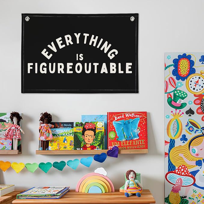 Everything is Figureoutable Inspirational Wall Decor, Motivational Classroom Wall Decor, Classroom Linen Canvas Banner Hanging Flag, 20x30 Inch - Black