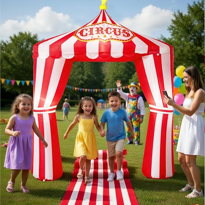 10ft Carnival Circus Tent Party Decorations, Red and White Striped Inflatable Arch with Build in LED Lights, Blow Up Tent and Floor Runner for Circus Carnival Halloween Birthday Party Decorations