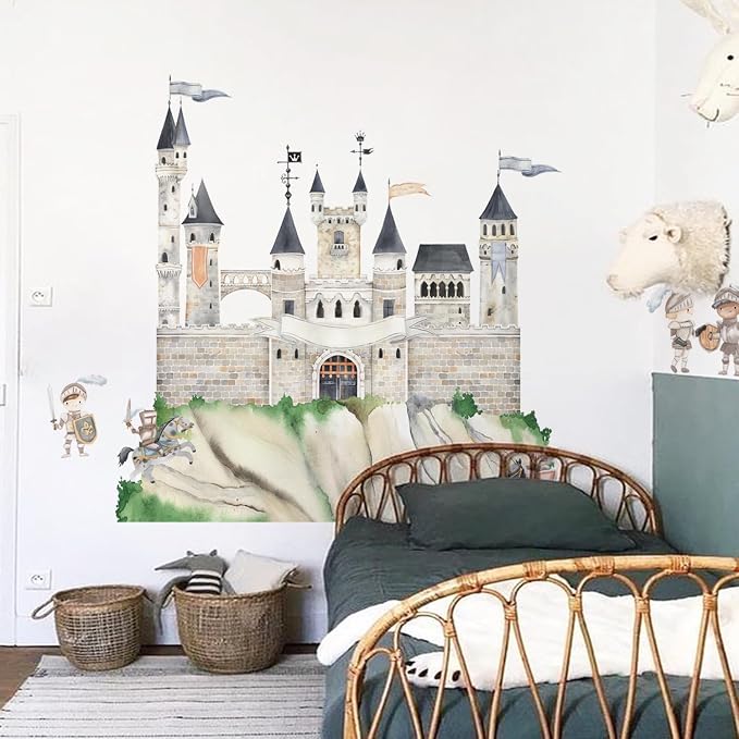 Large Watercolor Wall Decals Peel and Stick, Self Adhesive Vintage Wall Stickers for Kids Bedroom Playroom Nursery Room Wall Art Decor Decal, Knight Assembled Castle Wall Mural