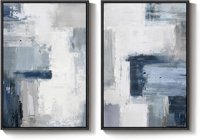 Large Framed Blue Gray Abstract Wall Art Set of 2, Modern Canvas Artwork for Living Room Walls, Minimalist Cool Tone Print Paintings for Bedroom Hallway Home Office Dining Room Wall Decor, 24x36 Inch
