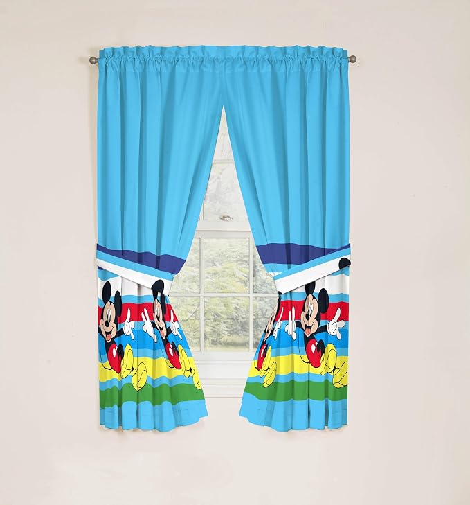 Sunny Side Up Window Curtains for Kids Bedroom 4-Piece Drape Set with 2 Tiebacks, Blue - Mickey Mouse, 42" W x 63" L (Pack of 2)