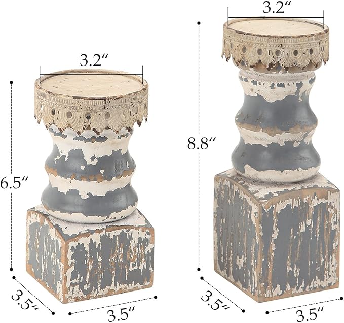 NIKKY HOME Farmhouse Rustic Solid Wood Pillar Candle Holders Set of 2, Grey | Distressed Wooden Candle Pedestals, Decorative Pillar Stands for Mantels, Fireplaces, Centerpieces Tables, Shabby Chic Decor