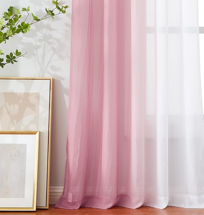 Pink Ombre Sheer Curtains 90 Inch Long for Living Room Bedroom Decor, Gradient Crinkle Semi Sheer Curtain Panels for Girls Room, Light Filtering Chiffon Window Drapes for Garden, Yard, Rod Pocket