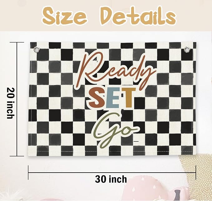 RTXLEZM Race Car Room Decor for Boys, Ready Set Go Canvas Banner | Trendy Checkered Race Car Room Wall Hanging for Toddler Boys Nursery Bedroom Playroom Decor, 20x30 Inch