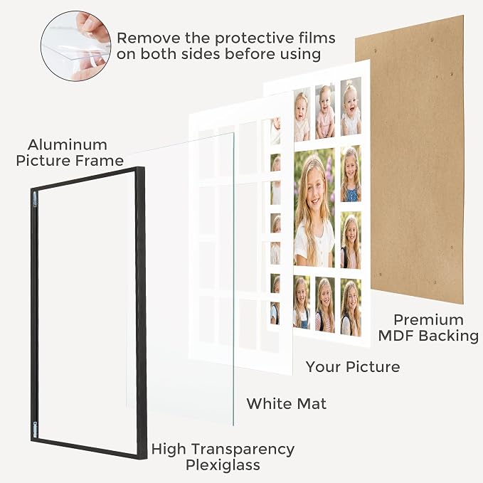 12x16 School Picture Frame K-12, Collage Frame for School Years, Black | Sleek Black K-12 Frame with 13 Openings: One 5x7 & Twelve 2.5x3.5 for Pre-K to 12th Grade | Wall Kit Included