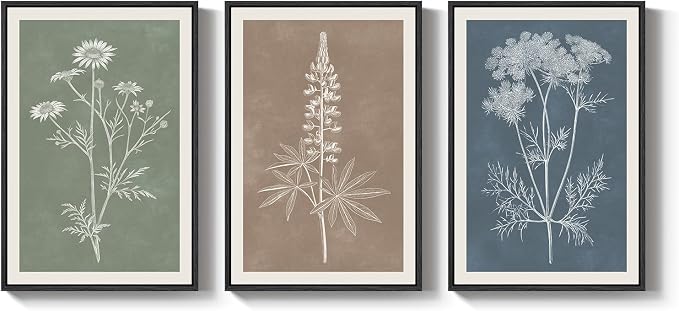 Large Framed Boho Botanical Wall Art for Living Room, 3 Piece Vintage Neutral Floral Canvas Painting Prints, Rustic Minimalist Flower Plants Pictures for Farmhouse Bedroom Office Wall Decor, 24x36 In