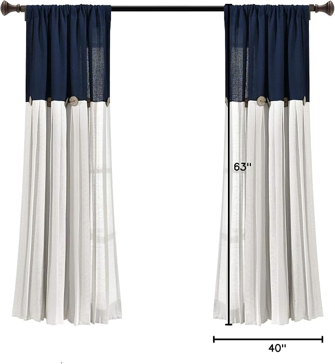 Lush Decor Linen Button Window Curtain Panel, Single, 40" W x 63" L, Navy & Off-white - Country Curtains - Rustic Decor - Color Block Modern Farmhouse Curtains For Living Room, Bedroom & Dining Room