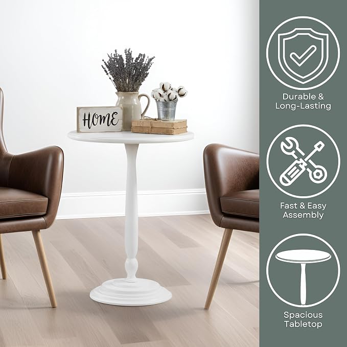 Convenience Concepts Classic Accents Amelia Spindle Table 18" - Traditional Solid Wood Round Side Accent, Display Pedestal for Transitional Living Room, Entryway, Hallway, or Bedroom, White