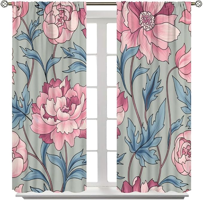 Floral Blackout Window Curtain, Flourish Ornamental Blossom Rose Style Print for Home Kitchen Restaurant Decoration Window Drapes 2Panel 42" W X 54" L