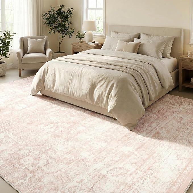 Homemate Washable Rug 10x14 Area Rugs - Vintage Faux Wool Rugs for Living Room Bedroom Dining Room - Non Slip Foldable Carpet Indoor Area Rug for Home Decor(10'x14', Pink