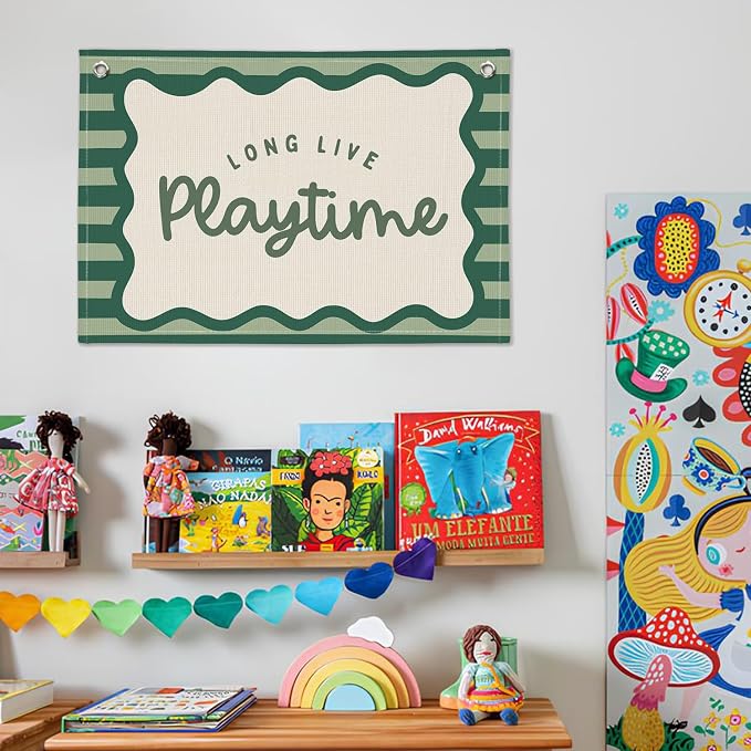 Playroom Decor, Long Live Playtime Banner, Boho Rainbow Linen Banner Wall Hanging Banner Flag Decor for Toddler Boy Kids Room Nursery Playroom, Green