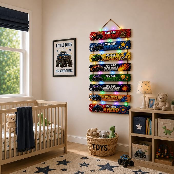 Cool Monster Truck Room Decor Set of 8 with Led Light for Teen Boys Kids Toddler, Inspirational Race Car Wood Sign Nursery Wall Decor for Bedroom, Truck Lamp Wall Decor Art