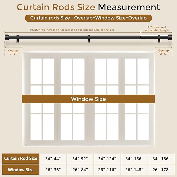 Heavy Duty Curtain Rod 34 to 186 Inch, Black 1 Inch Adjustable Extra Long Curtain Rods for Windows, Decorative Window Treatment Rods with Modern Solid Aluminum Finials, Easy Installation