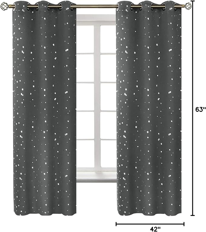 BGment Dark Grey Blackout Curtains for Kid's Bedroom - Grommet Thermal Insulated Room Darkening Silver Star Printed Curtains for Living Room, Set of 2 Panels (42 x 63 Inch, Dark Grey)