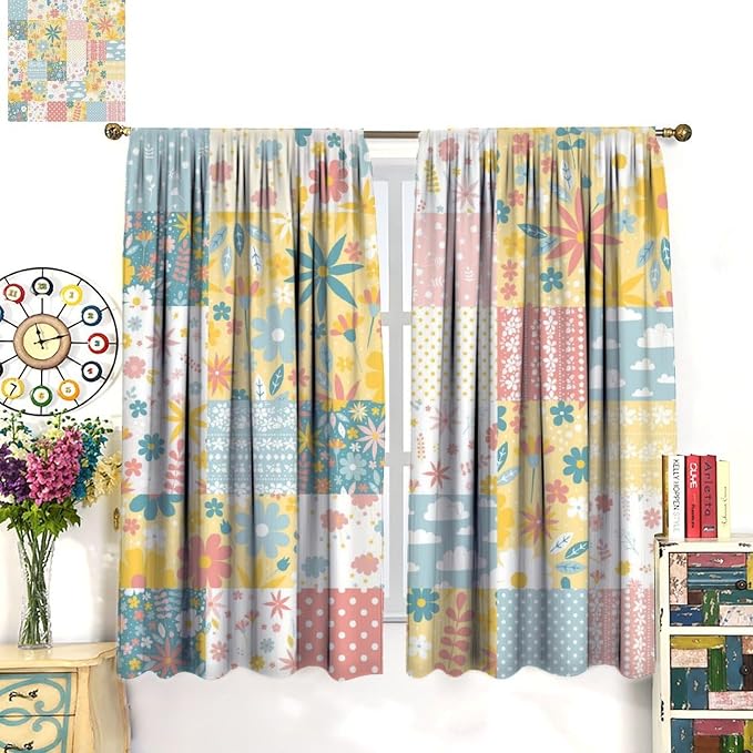 Boho Patchwork Floral Blackout Curtains Retro Rustic Flowers Plants Vintage Farmhouse Print Window Drapes for Bedroom Living Room Kitchen Cafe (W31.5xL72 Inch) x2 Panels