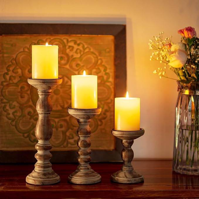 Wooden Pillar Candle Holder: Rustic Brown Candle Stand Wood Distressed Candleholders Farmhouse Fall Decor for Christmas Fireplace Mantle Dining Table Living Room Shelf Set of 3