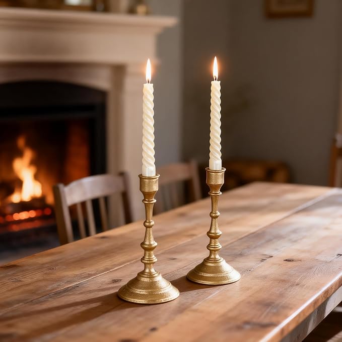 Antique Brass Candle Holders Set of 2 – Heavy Duty Cast Iron Candle Stick Holder for Table Centerpiece Home Decor Gift