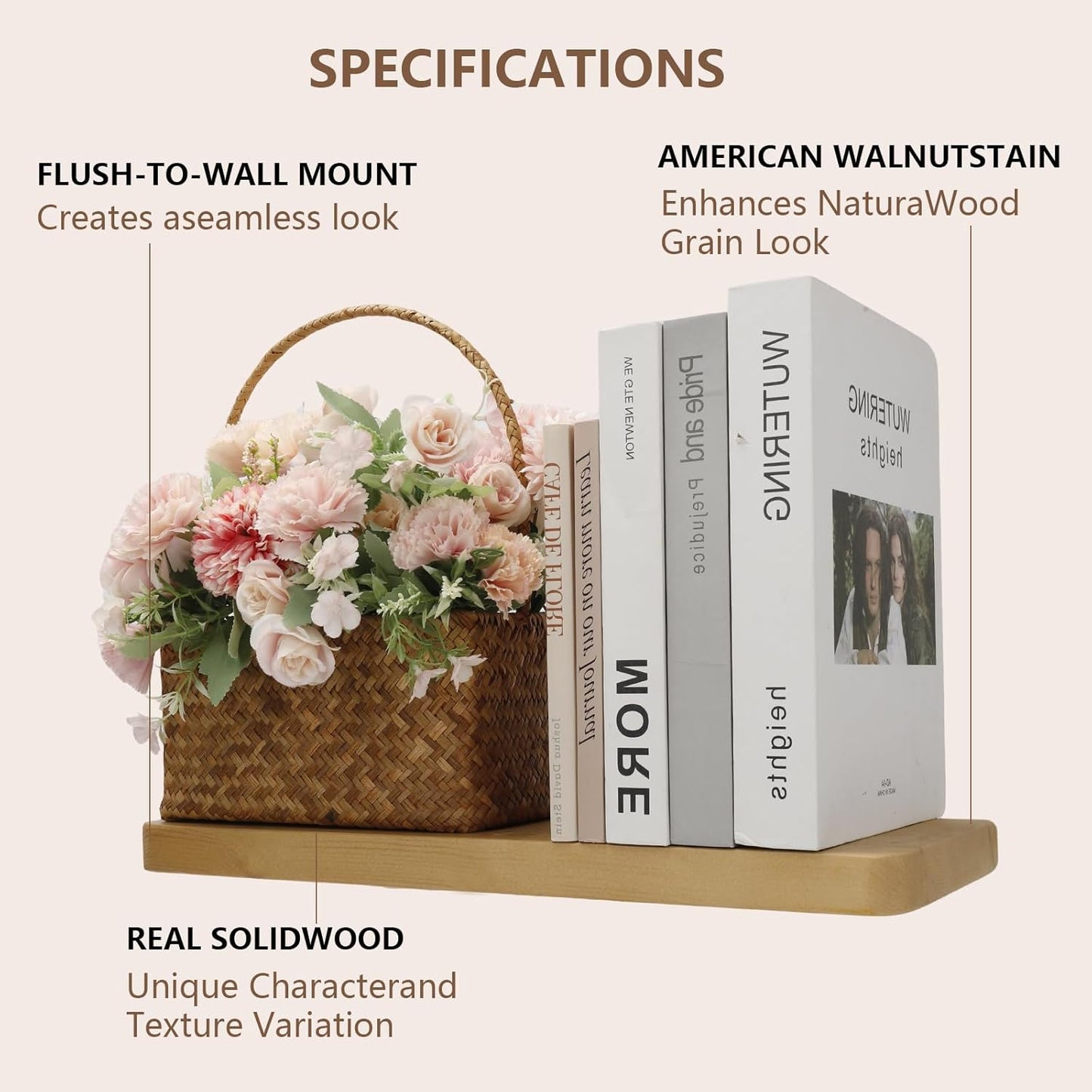 Solid Wood Floating Shelves Set of 2 - Natural, Warp & Crack Resistant 35.43 Inch Wall Shelf with Invisible Brackets Thicker, More Durable for Bathroom, Bedroom, Kitchen, Living Room (Wood, 35.43)