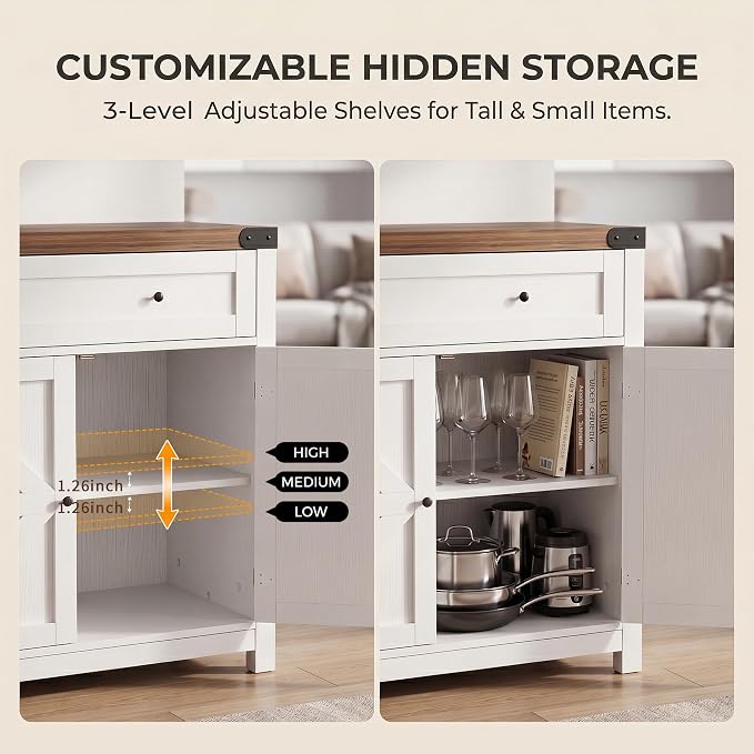 YESHOMY Coffee Bar and Accent Cabinet, Farmhouse Barn Door Buffet Sideboard with Drawer and Adjustable Shelf, Wide Desktop for Kitchen, Dining Room, Bathroom, Entryway, Brown & White