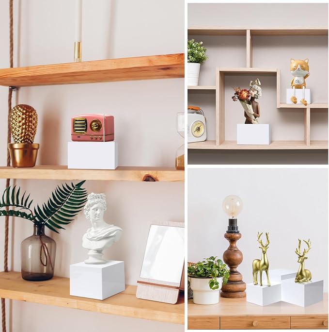 Geelin 6 Pack Acrylic Risers for Display Acrylic Cube Boxes Risers Display Stands with Hollow Bottoms Decorative Stand for Jewelry Candy Table Decor 6 Sizes(White,3 to 8 Inch,Square)