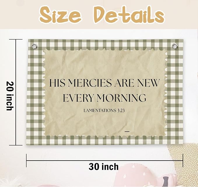 RTXLEZM Christian Nursery Decor, Kids Room Wall Art Decor | Retro His Mercies Are New Every Morning Christian Canvas Banner Wall Hanging for Kids Toddler Boys Nursery Room Bedroom