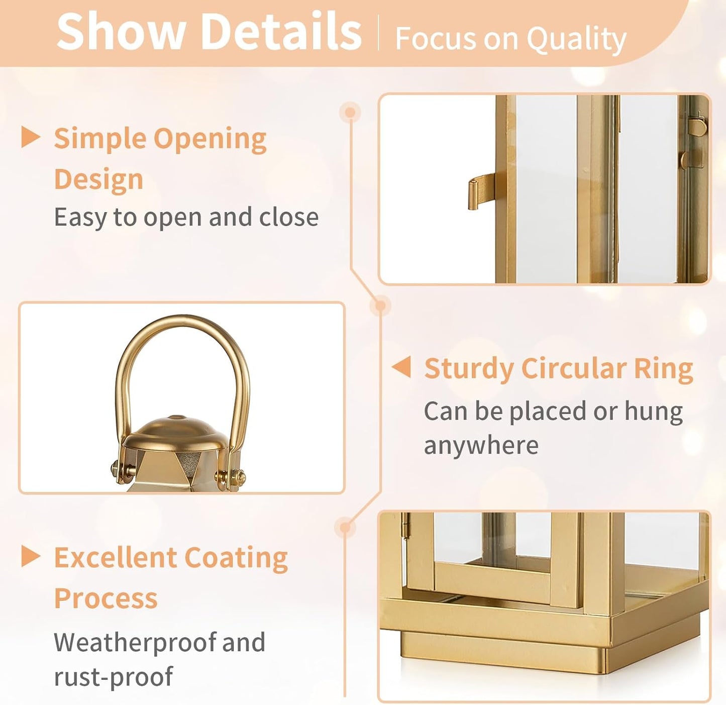 NUPTIO Gold Lanterns Decorative Indoor: 8.6 Inch Tall Metal Lantern with Glass for Pillar Candle - Fireplace Decor for Christmas Home Living Room Mantle Porch Wedding