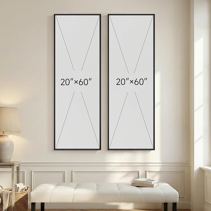 Long Narrow Framed Neutral Abstract Vertical Wall Art, Set of 2 Modern Canvas Prints Paintings Artwork for Walls, Black and Beige Minimalist Pictures Living Room Bedroom Hallway Entryway Wall Decor