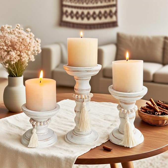 Wood Candle Holders for Pillar Set of 3 Rustic Candles Holder Tall Candlestick Stand for Farmhouse Decor Fireplace Table Centerpieces