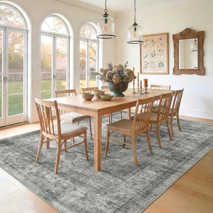 Homemate Washable Rug 5x7 Area Rugs - Vintage Faux Wool Rugs for Living Room Bedroom Dining Room - Non Slip Foldable Carpet Indoor Area Rug for Home Decor(5'x7', Black