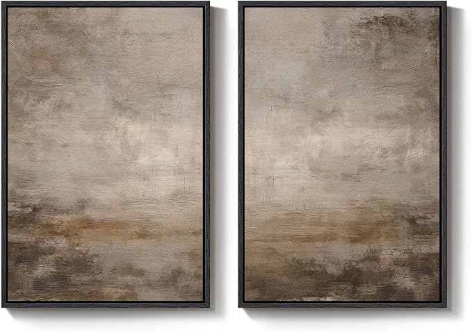 Large Framed Neutral Abstract Wall Art Set of 2 for Living Room, Minimalist Modern Brown Grey Canvas Artwork for Walls, Wabi Sabi Rustic Painting Print Wall Decor for Bedroom Home Office, 24x36 Inch