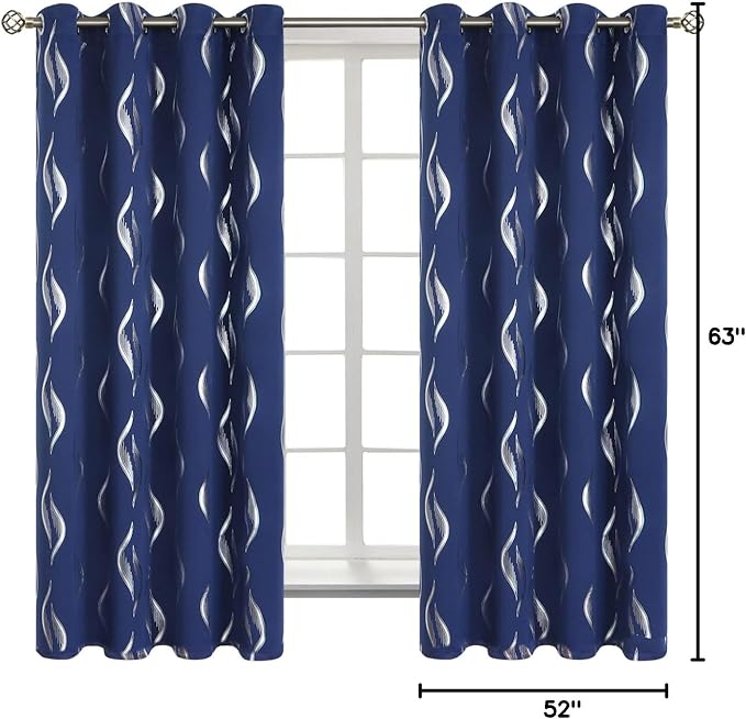 BGment Wavy Navy Blue Blackout Curtains 63 Inch Length 2 Panels Set, Thermal Insulated Privacy Grommet Window Drapes for Kids Boys Bedroom, 52 x 63 Inch