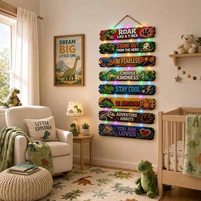 BeautiFan Cool Dinosaur Room Decor Set of 8 with Led Light for Teen boys Kids Toddler, Inspirational Dinosaur Animal Wood Sign Nursery Wall Decor for Bedroom, Dinosaur Lamp Wall Decor Art